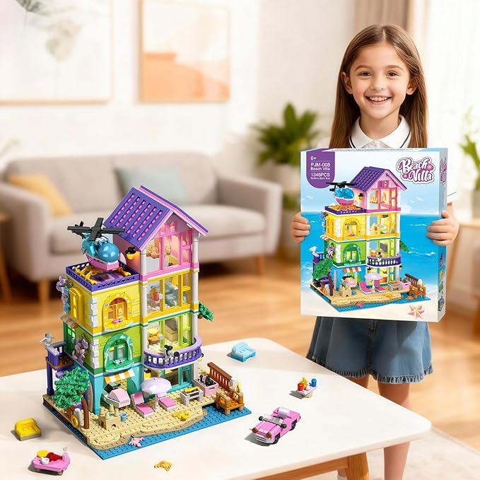 Beach House Building Set with Light NO Compatible with Lego Friend House for Girls Age 8-12 1346PCS Mini Bricks Seaside Villa Creative Holiday Cottage Building Kits for Girl 8-14