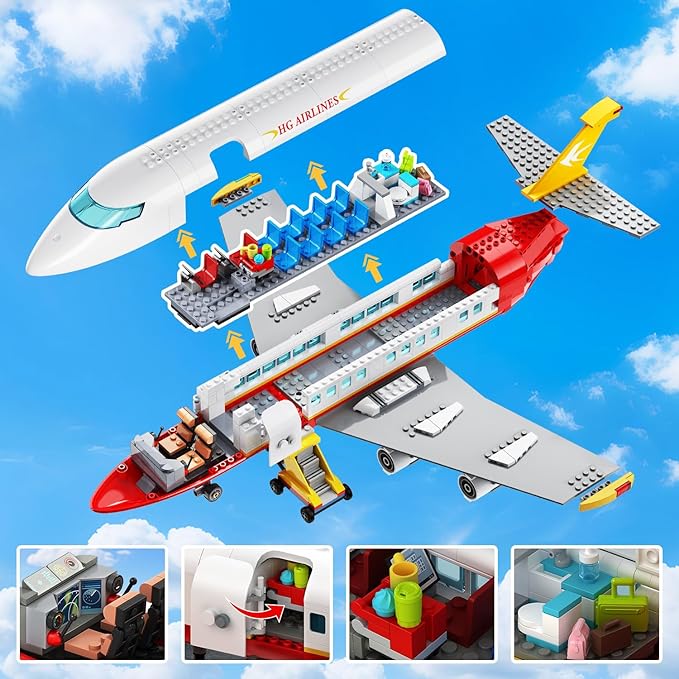 HOGOKIDS 2 Style City Airplane Building Set with LED Light - Plane Building Blocks Switch Passenger Cargo Projectile Toy with 3 Cars Planes Model Toys Valentines Gifts for Kids Boys Girls Age 6-12+