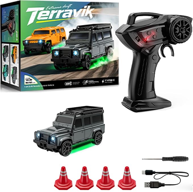 1:64 Scale Mini RC Drift Car with Gyro Full Proportional RTR 2.4Ghz Remote Control with RGB Lights (07-Black)