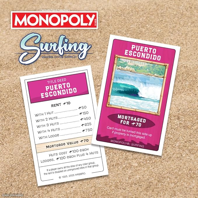 Monopoly: Surfing Waves of the World Board Game – Buy Sell Trade Iconic Surf Spots Like Pipeline &amp Superbank 6 Custom Beach-Themed Tokens Family Game for Beach Sports Fans &amp Collectors Ag