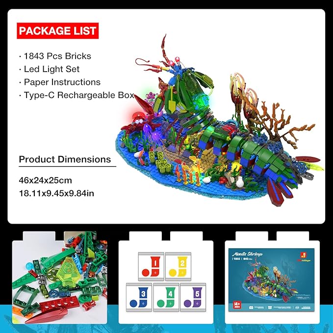 JMBricklayer Mechanical Mantis Shrimp Building Blocks Set with LED Lights Sea Creatures Ocean Animal Model Building Toys with Jellyfish Crabs Coral Reef Sea Creative Display Gift for Adults Kids 14+