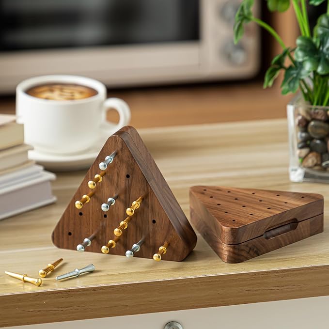 Estune 1 Set 4.3 Inch Walnut Wooden Tricky Triangle Peg Game Portable Board Triangular Game Set with Storage Box for Adults Travel Party
