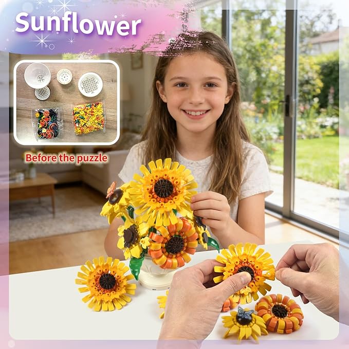 Sunflower Building Blocks for Adults 2-in-1 Botanical Flower Bouquet with Vase Van Gogh Inspired Sunflower Brick Set Decorative Flower Building Kit for Home Decor