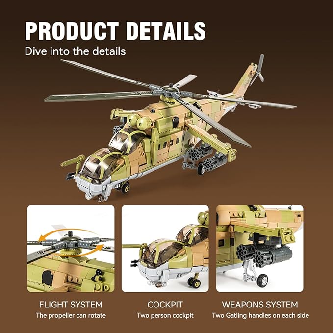 DAHONPA MI-24S Helicopter Medium Utility Military Army Airplane Building Bricks Set 850+ Pieces Air-Force Build Blocks Toy Gift for Kid and Adult
