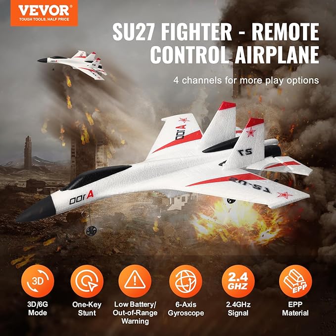 VEVOR RC Plane 2.4GHZ 4 Channel RC Airplane with 6-Axis Gyro Stabilizer&amp2 Batteries Ready to Fly SU-27 Fighter Aircraft Plane Toy for Adults Kids Beginners Boys Birthday/Xmas Child Gift