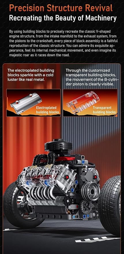 Sosuy V8 Engine Building-Blocks Sets Working Motor Model 487+PCS Mechanic Display Home Set for Collection Fans STEM Cars Toys for Boys Birthday Gitf for 8+ Kids Adults Men Girls