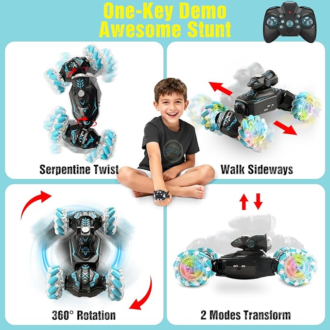 Gesture Sensing Remote Control Car RC Cars Toys for Boys Age 6-12 4WD Hand Controlled Twist &amp Transform 360° Spins Stunt Car with Mist Light &amp Music 8-10 Year Old Boys Birthday Gift Blue