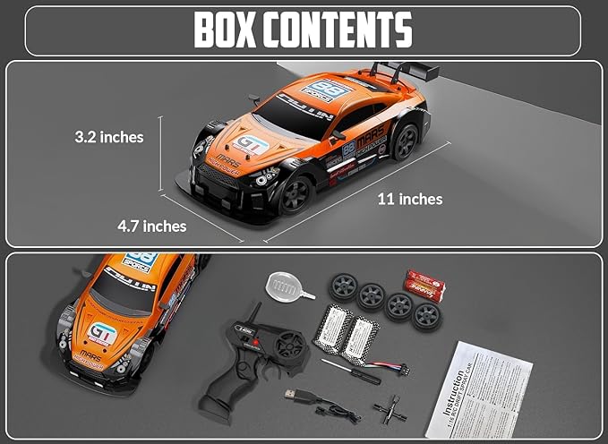 RACENT 1:16 RC Drift Car 2.4Ghz 4WD 18KM/H Remote Control Car with Spray Mist Racing and Drifting Wheels LED Light 2 Batteries Sport Model Toys Vehicle for Kids Boys Adults