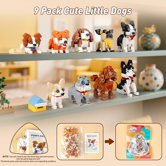 HIGH GODO 9pack Party Favors Mini Dogs Building Set Adorable Animals Building Set for Goodie Bags Stuffers Party Favors Birthday Gift for Teens 14+ (1002PCS)