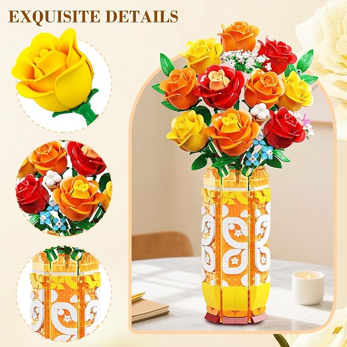 Flower Bouquet Building Set with Vase &amp LED Light Yellow Orange and Red Roses 3.6MM Mini Building Blocks Gifts for Women/Girlfriend/Wife Small Fake Flowers for Home Office Decor