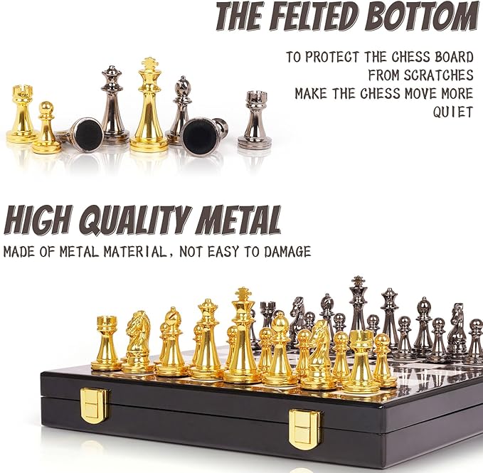 Metal Chess Set for Adults and – Marbling Chess Board with Chess Pieces – Travel Chess Sets with Extra Queens with zinc Alloy Metal Pieces – Ideal for Beginners and Professional Players