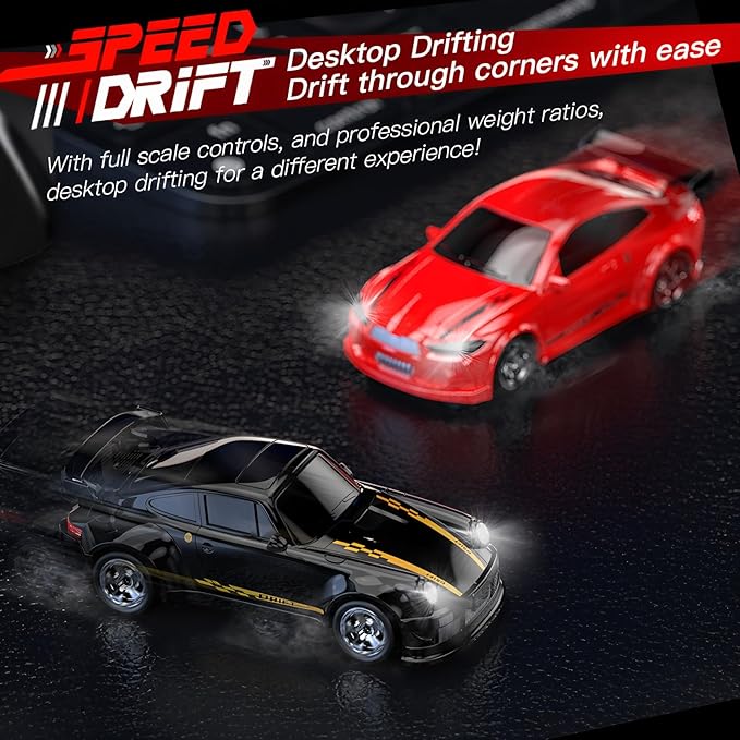 Desktop Mini Size 1:64 Scale 4WD RC Drift Car with Skill-Building Drift Control &amp LED Lights – Learn Drift Techniques Fast Charge Adjustable Throttle 2.4GHz Remote – Blue