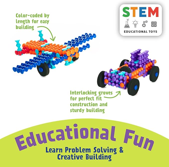 POPULAR PLAYTHINGS Playstix Building Sticks Kit for Kids Construction Stem Building Toy Gift for Boys &amp Girls - 130 Piece