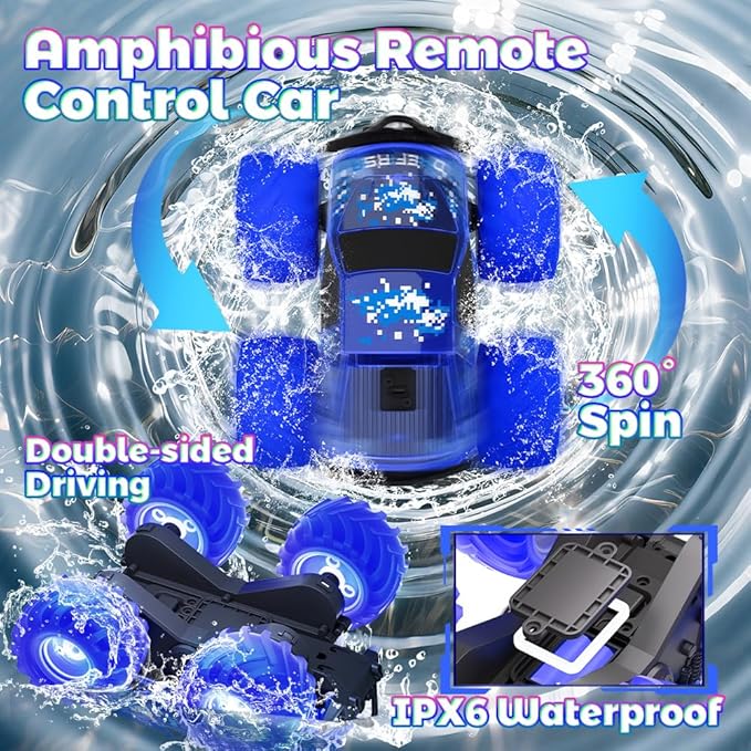 Blue Monster Truck Toy Amphibious Remote Control Car 4WD All Terrain Off-Road RC Truck with Colorful Light RC Stunt Car Toy for 6 7 8 9 10 11 12 Year Old Boy Birthday Gift