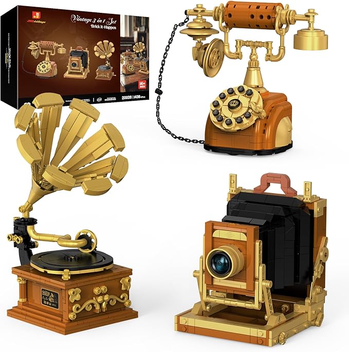 JMBricklayer Camera Telephone Record Player Building Block Sets for Adults Retro 3 in 1 Set Building Toy 20039 Vintage Display Model Kit for Office Room Decor Collectible Gift for Adult Men Kids 14+