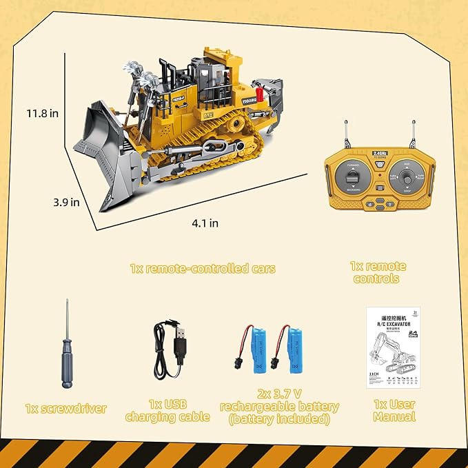 Rc Bulldozer Toys for BoysConstruction Remote Control Bulldozer with Metal bulldozing Shovel Lights/Sounds for Kids Boys