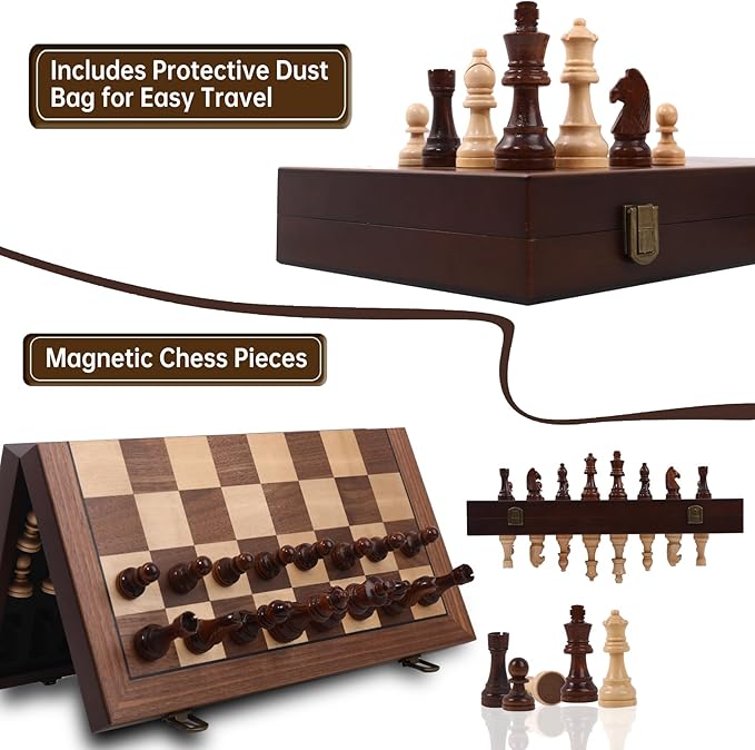 15 Magnetic Chess Set with Foldable Board &amp Travel Bag - Professional Wooden Chess Game Luxury Storage Bag - Perfect Christmas/Birthday for Men Dad (Chess Set + Bag)