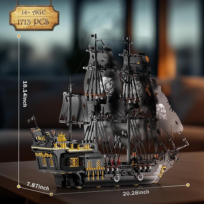 NUTCRACKER Pirate Ship Building Set with LED Light Black Pearl Ship Toy Building Set Sailboat Model Home Decor Easter Christmas Birthday Gift for Adults（1713 Pieces）