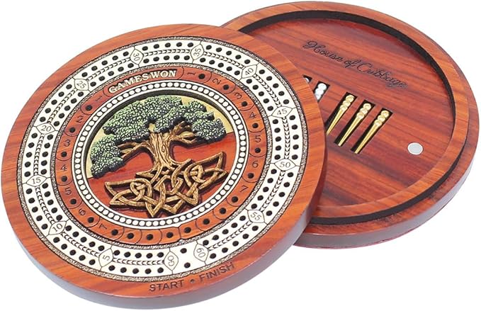 House of Cribbage - 2 Track 60 Points - Tree of Life Inlaid Wooden Travel/Pocket Size Cribbage Board - Size 4 Inch (Blood Wood/Maple Wood)