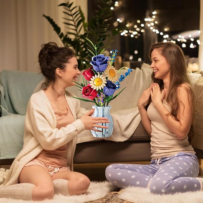 Flower Bouque Building Set with Vase 787 PCS Botanical Collection Building Block Toy Roses Sunflower Artificial Flowers Home Decor Gift for Adults Kids 12+