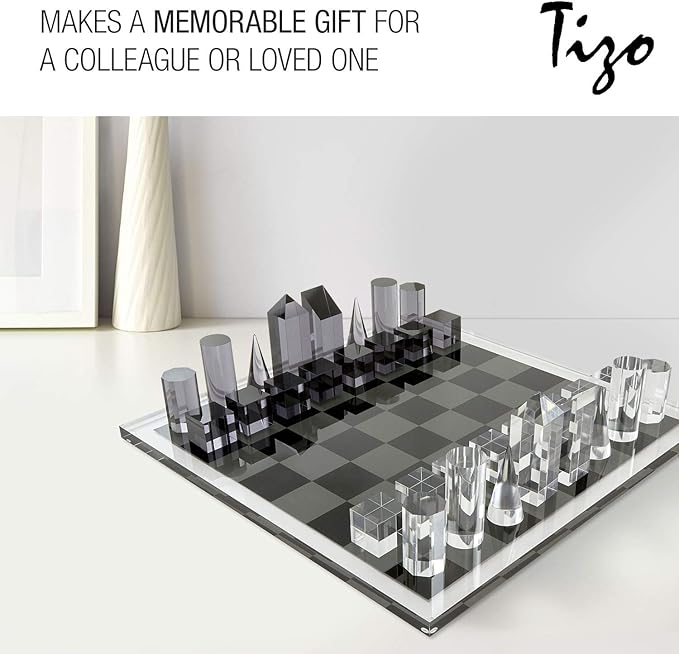 Tizo Design Elegant 17” Lucite Chess Set Designer Lucite &amp Acrylic Pieces Modern &amp Trendy Multiple Options Available (Clear &amp Smoke)