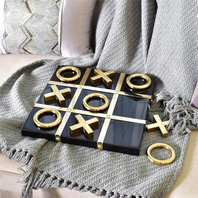 Modern Tic Tac Toe for Home Decoration Gold and Black Hand Crafted with Black Wood and Gold Color Stainless Steel Decorative Tic Tac Toe Table Top Decoration X/O Board