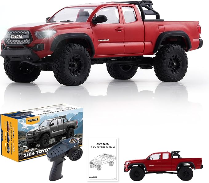 FMS FCX24 TOYOTA TACOMA 1/24 RC Crawler 4x4 RC Truck Crawler Official Licensed Scale RC Rock Crawler with 2-Speed Transmission High Torque Motor All-Metal Bearings RTR RC Car for Adults (RED)