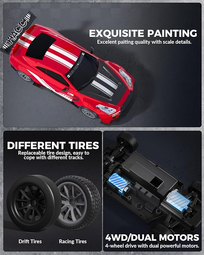 RACENT RC Drift Car 1:20 Scale Remote Control Car with LED Lights 2.4GHz 20KM/H 4WD High Speed RC Vehicle Racing &amp Drifting Tires Two Batteries Toy Idea Gift for Adults Boys Girls and Kids (R