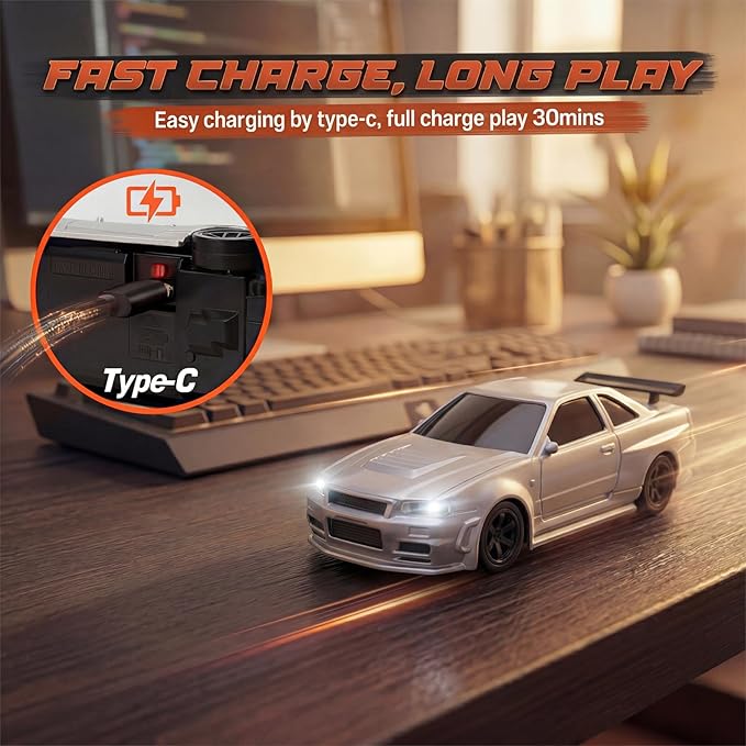 [4WD Edition 1/43 Scale Mini RC Drift Car Toys for Age 8-14 Old Birthday Gifts High Speed Racing Micro Small with Full Proportional RTR 2.4GHz Remote 2 Tire Sets 8 Cones - Silver