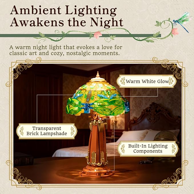 PANTASY Vintage Style Table Lamp Bricks Set Stained Glass Lamp Building Block Set Dragonfly Floral Table Lamp Retro Art Desk Night Light with LED USB-C Powered for Adult Home Decor Collection Gift