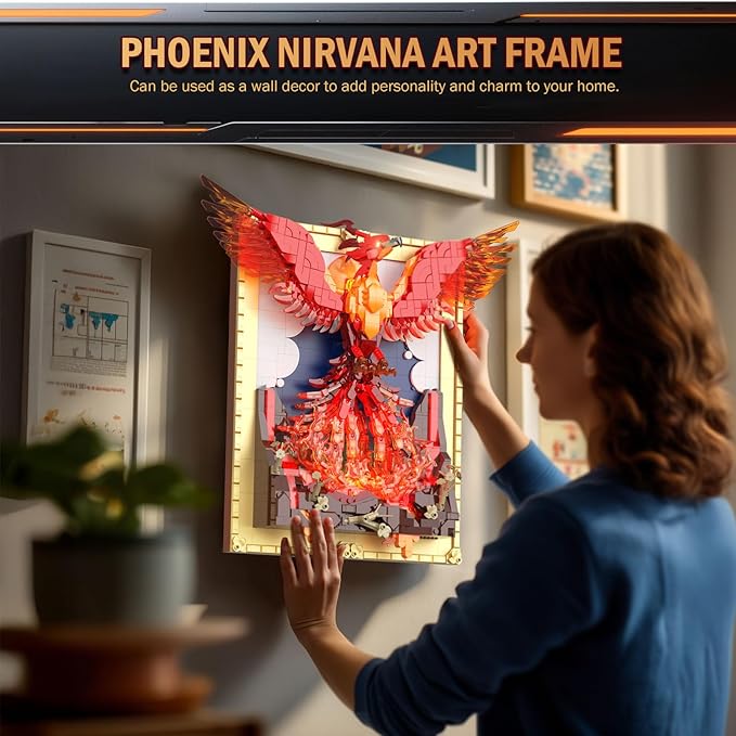 Phoenix Nirvana Building Block Sets 1565 Pcs Magic Fire Phoenix Building Toys with LED Lights 15*6.3*13.78in 3D Framed Wall Art Firebird DIY Model Kit for Gifts Decorations Collectibles