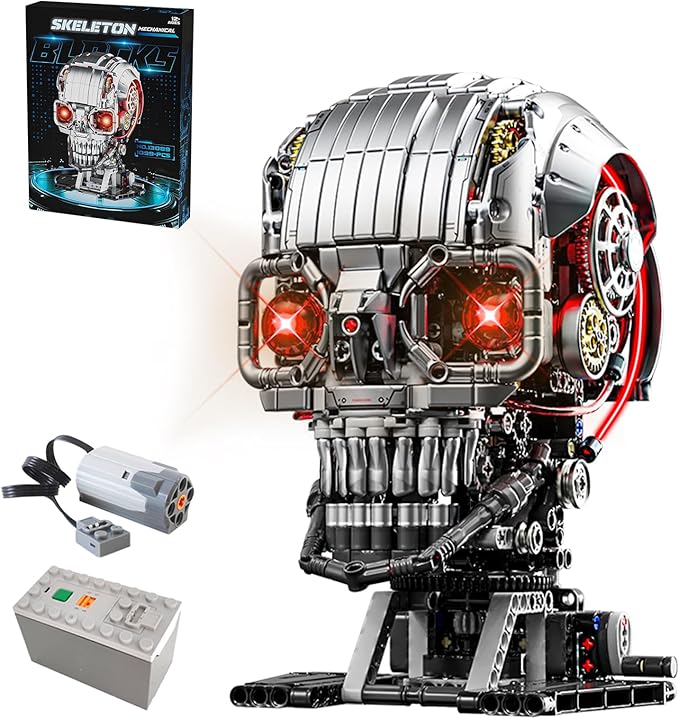Mechanical Skull Building Block Set 3D Poseable Model with Mandibular Teeth Bite Drive can be driven by hand or motor for STEM Toys for Kids &amp Adults Perfect for Horror Fans &amp Gothic Room Deco