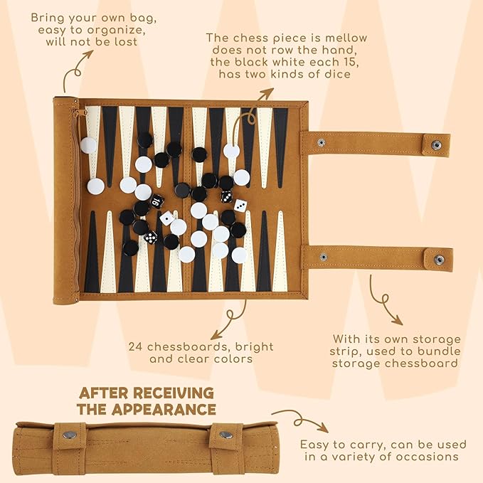 Travel Backgammon Set Lightweight Roll-up Classic Board Game Travel Backgammon Sets for Adults Portable Chess Set for 2 Players Ideal for Travel Camping Backpacking Trips 12.5x10 Inch