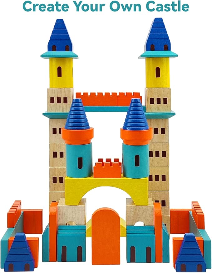 Xylolin Wooden Castle Building Blocks Set Big Solid Beech Wood Toddlers Stacking Block Toy Kids Construction Playset for Boys Girls 69 Pieces Set