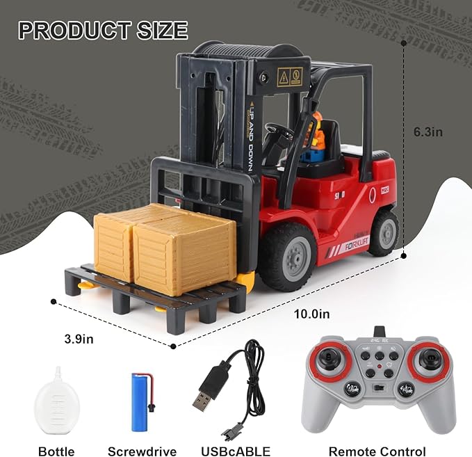 RC Forklift with Trailer Kids Forklift Construction Toys Set with Lift Fork &amp Hook &amp Flatbed 11 Channel Kids Forklift Toy with Light &amp Sound &amp Spray Gift for Kids 6+ (Red)