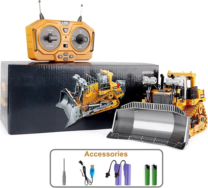 Dwi Dowellin Rc Bulldozer Toys for BoysConstruction Remote Control Bulldozer with Metal bulldozing Shovel Lights/Sounds for Kids Boys
