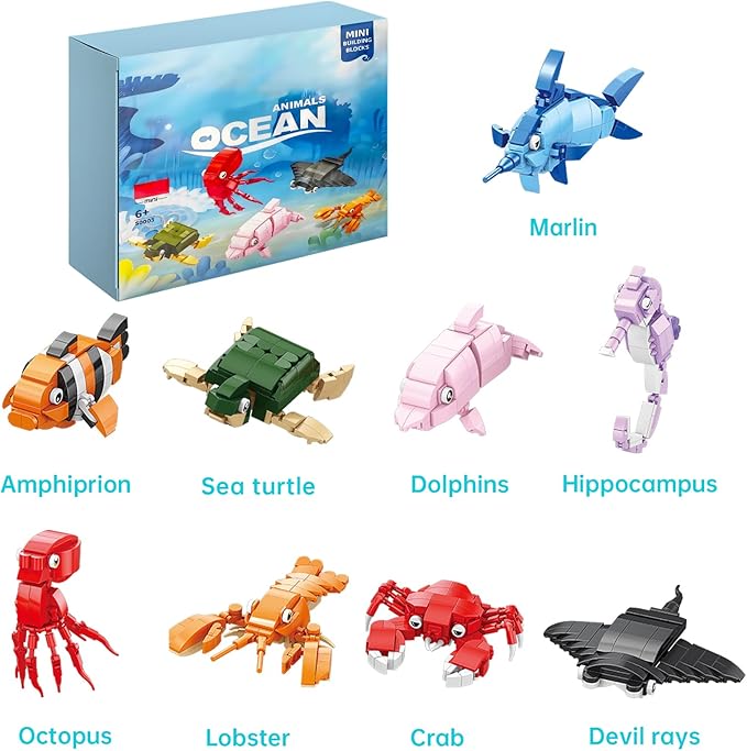 9 Packs Ocean Animals Building SetsParty Favors for Kids Goodie BagsSea Animals Mini Building Blocks for Birthday Party GiftGoodie Bags PrizeCake Topper