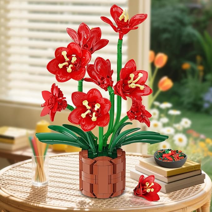 Amaryllis Flowers Bonsai Building Set Easter Botanical Collection Building Block Artificial Plant Kit Home Decor 503 PCS Flower Bouquet Bonsai for Her Adults Kids Boys Girls 12+