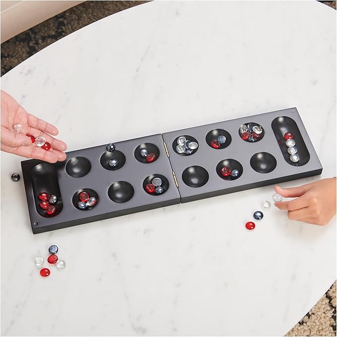 Spin Master Games Legacy Deluxe Mancala Classic Game with Folding Wooden Board &amp Colorful Glass Stones Family Game for Ages 8 &amp Up
