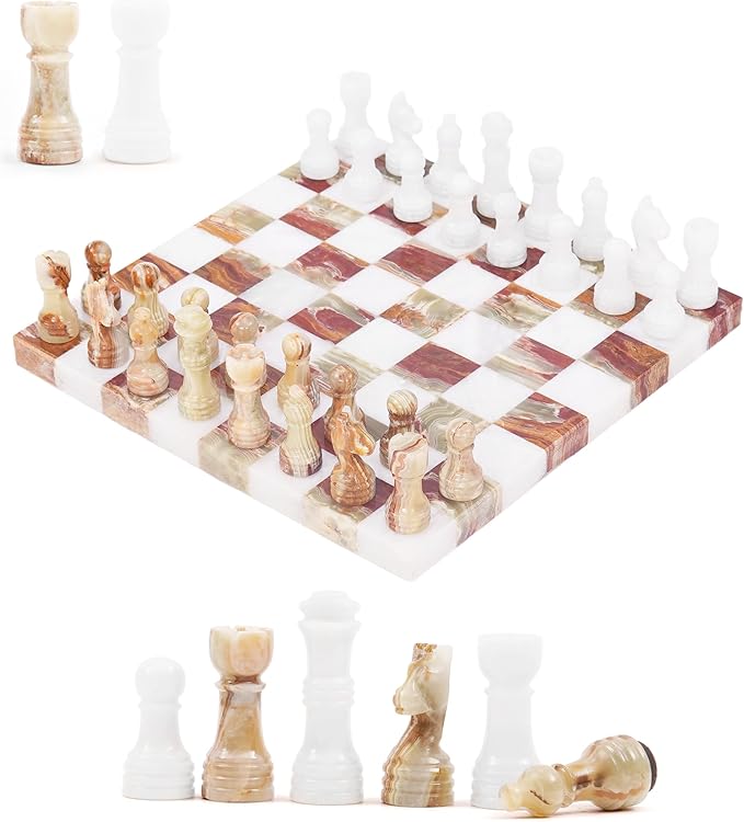 Marble Chess Set 10 Inch White &amp Green Travel Chess Board with 32 Pieces &amp 2 Extra Queens Handcrafted Classic 2 Player Chess Game for Adults