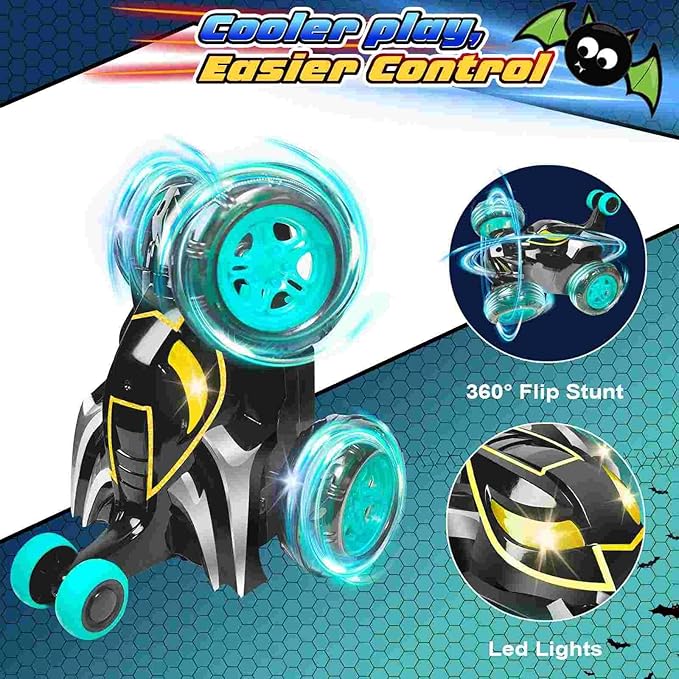 Kids Toys Bat RC Car for Boys 4-7 - Cool Bat Monster Remote Control Crawler Toy 360° Flip Fast Stunt &amp 4WD Light Up Wheel - Fun Boy Gift Idea for Birthday Chirstmas Stuff Age 3 4 5 6 7 8