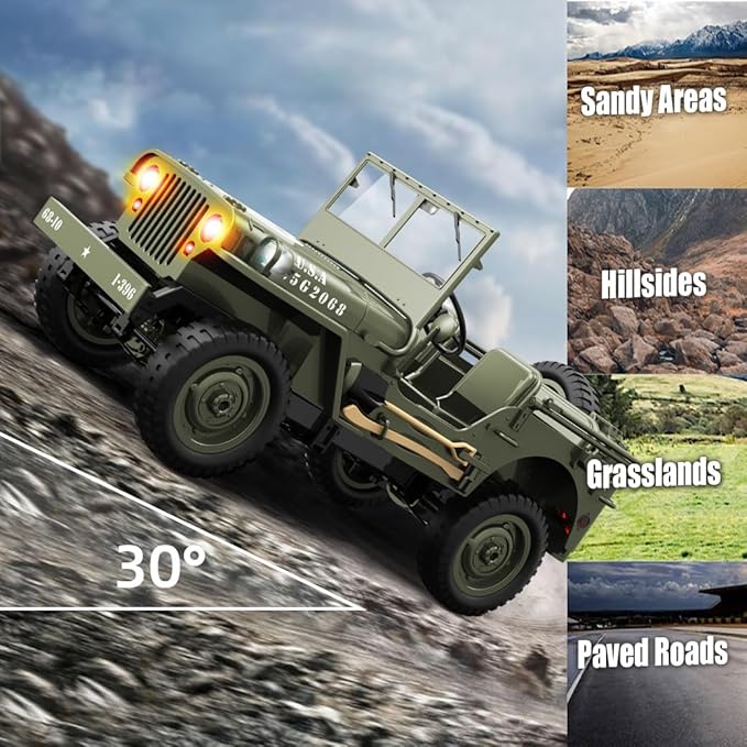 RC Military Truck Rock Crawler 1:10 4WD Off-Road Remote Control Military Jeep with Winch Canvas &amp 2 Batteries 2.4G All Terrain Army Climbing Vehicle with LED Lights for Kids Adult