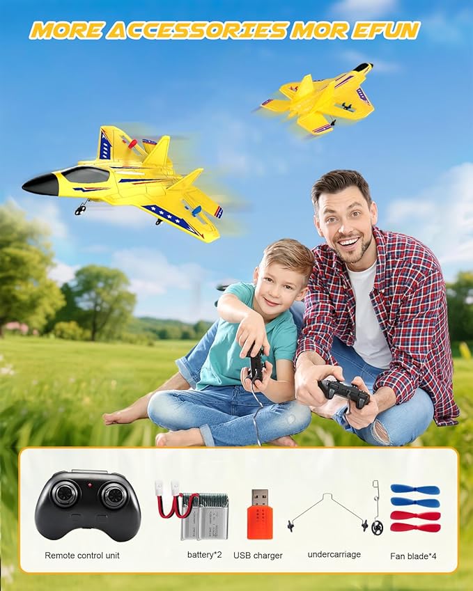 RC Plane F22 RC Airplane 2. 4GHz Foam Remote Control Airplane with Gyro Stabilizer/LED Light/2 Rechargeable Batteries Easy to Fly RC Glider Jet Toy for Kids Boys Adults Beginners (Yellow)