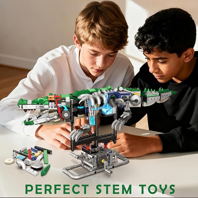 Kinetic Mechanical Crocodile Building Kit - Light-Up Interactive Animal Model with Hand-Crank Moving Jaw Claws &amp Tail - STEM Construction Toy for Kids &amp Adults
