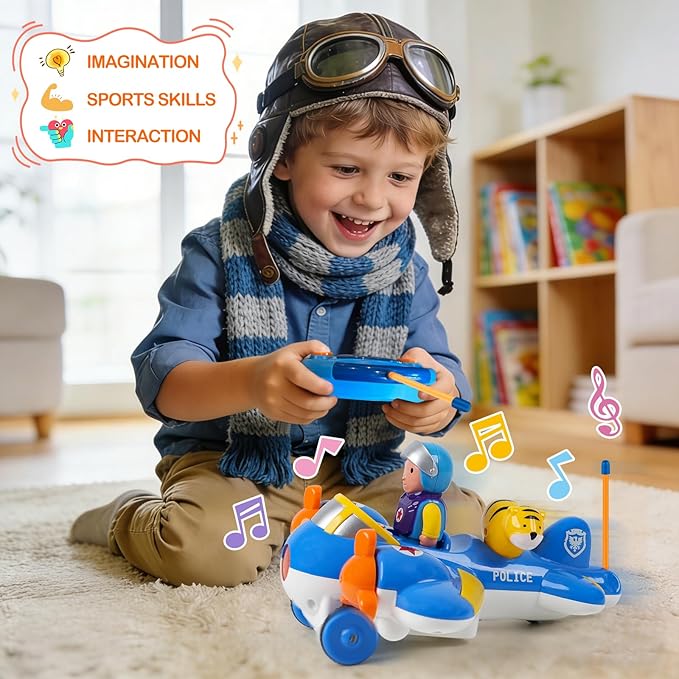 Remote Control Airplane for Kids - Birthday Gifts for Boys Toddlers Ages 18+ Months 2 3 4 5 Year Old RC Cartoon Aircraft Toy with Lights Music and Easy Control