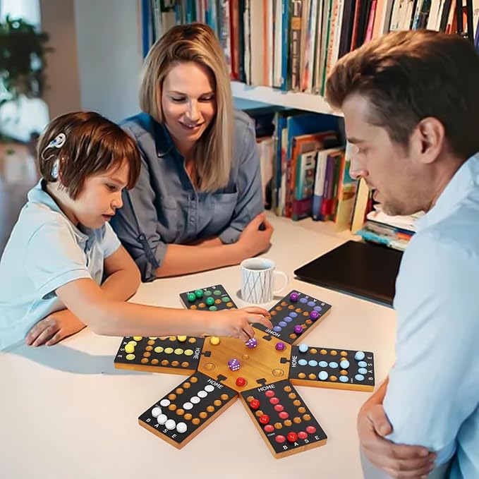 Marble Board Game Wooden Board Game for 4 and 6 Players Portable Original Marble Game with 24 Marbles 12 Dice for Family Friends Party Game Night Black