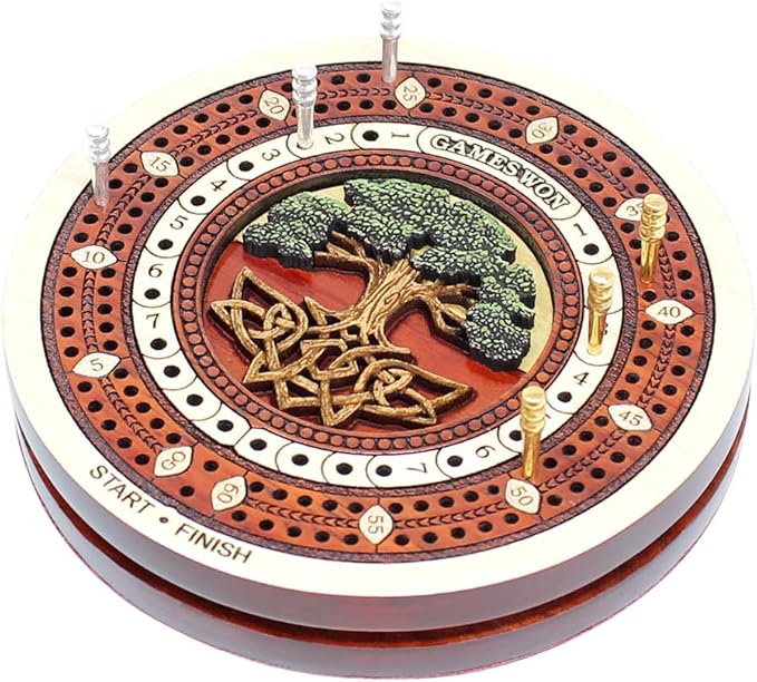House of Cribbage - 2 Track 60 Points - Tree of Life Inlaid Wooden Travel/Pocket Size Cribbage Board - Size 4 Inch (Maple Wood/Blood Wood)