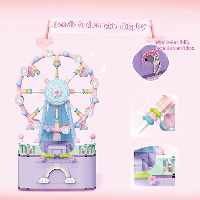 Music Box Building Toys Rotating Ferris Wheel DIY Building Block for Girls and Boys 6-12 Years Old 710 pcs Valentine for Adults and Aged 8 9 10 11 12 Kids