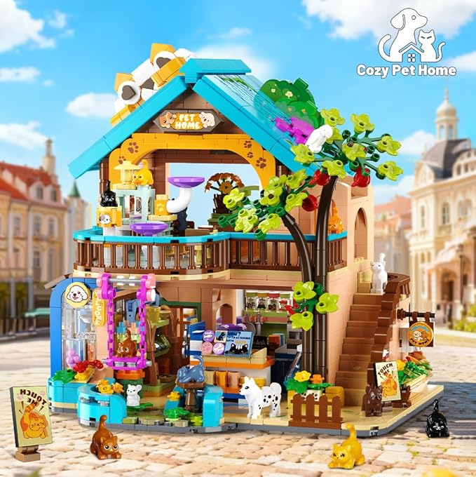 City Pet Shop Building Set with Lights Cozy Pet Store Construction Toy with Cats Dogs Cute Animal Store Miniature House Model Building Block Kit for Adults Kids Boys Girls Ages 8-12+