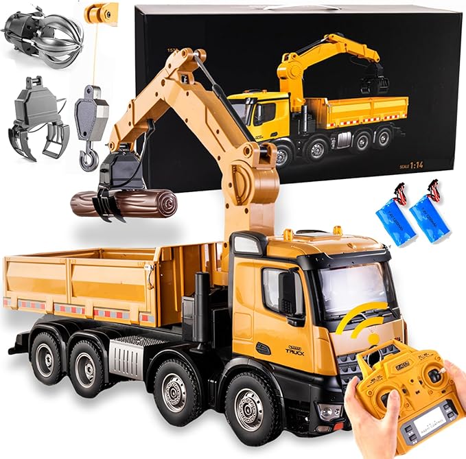Remote controlled dump truck large 18.8 inches (48CM) 1:14 vehicle model three in one grab head replaceable construction transport vehicle remote control model Suitable for adults 14+ (dual battery)
